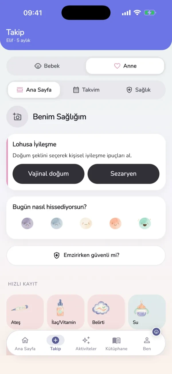 Nursea tracking screen, Mother tab: mood, water, medication and sleep logs